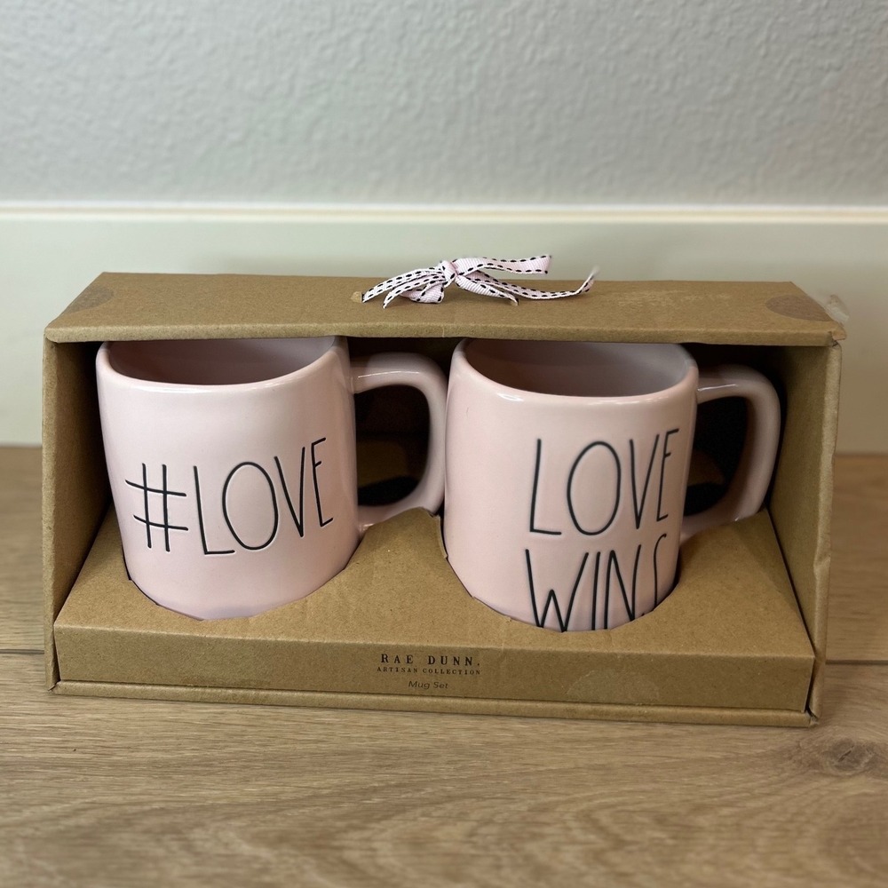 Rae Dunn Love Wins Mug Set Pink Ceramic Heart Hashtag Love Valentine‎ Gift Box